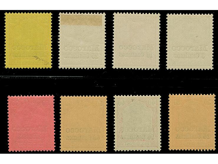 Amtlich nicht ausgegeben: 1903, 3 C. auf 3 Pfg. und 10 C. auf 10 Pfg. bis 1 P. auf 80 Pfg. je mit fettem Aufdruck, sind farbf