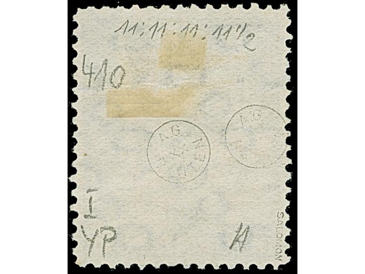 2 M. grauviolett, Type 1, gezähnt L 11 : 11 : 11 : 11½ und mit Wasserzeichen 1Y (Bogenfeld 410), sauber gestempelt mit drei v