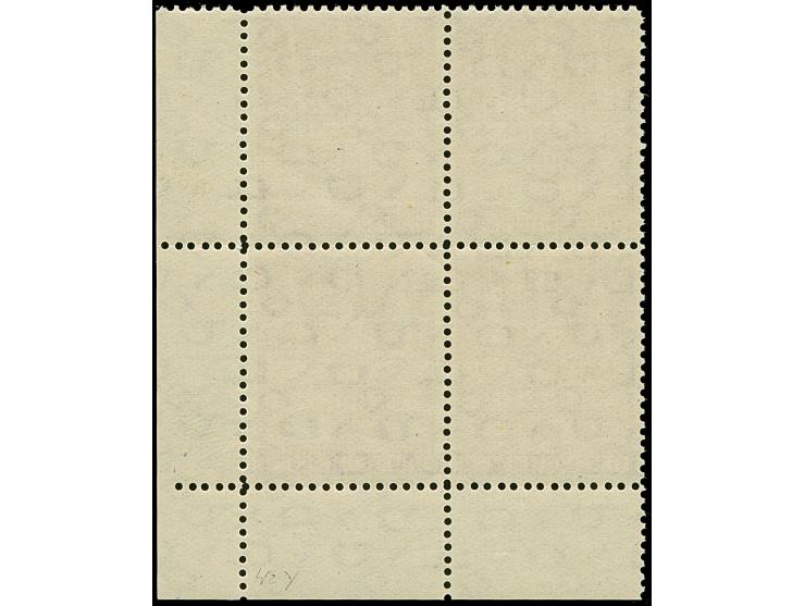 3 M. dunkelrotlila, zweimal Type I (unten) und zweimal Type Ia (oben) und mit Wasserzeichen 1Y im Viererblock aus der rechten