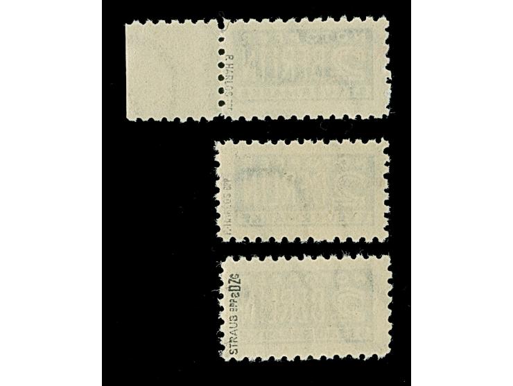 2 Pfg. (dunkel)blau gezähnt L 11¾ und mit Wasserzeichen 3X, drei Exemplare mit den Aufdruckfarben rot, dunkelkarminrot und Ka