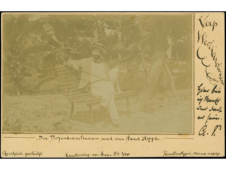 1899/1900, Diagonalaufdruck 5 Pfg. mit Stempel “YAP KAROLINEN 23.6.00” auf Postkarte mit rückseitig aufgeklebtem Foto vom Bez