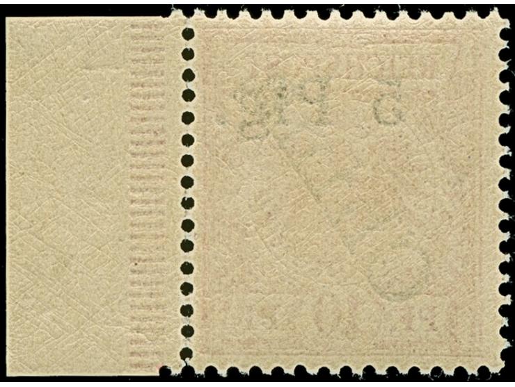 1900, 5 Pfg. auf 10 Pfg. mit steilem Aufdruck ohne Blaustrich (Aufdrucktype 2) mit Bogenrand rechts (vorgefaltet). Die farbfr