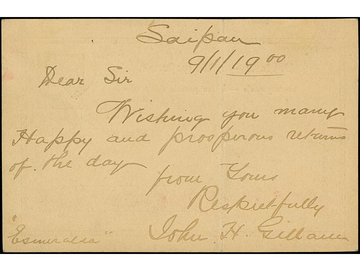 “SAIPAN MARIANEN 9.1.99” (1900), violetter Stempel klar auf Aufdruck-Ganzsachenkarte 10 Pfg. mit englischem Text an eine Kapi