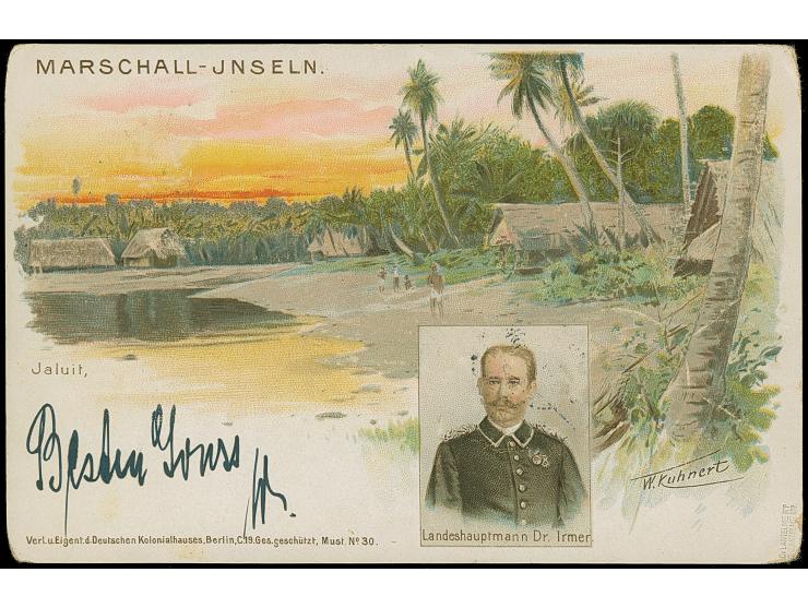 1900, 10 Pfg. senkrecht halbiert, rechte Hälfte mit Stempel “JALUIT MARSHALL-INSELN 2.2.00” auf Ansichtskarte mit Grußtext na