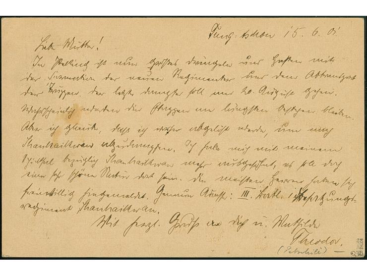 1901, Karte Kiautschou Kaiseryacht 10 Pfg. mit Stempel “PEKING DP 17.6.01” und sehr viel Text sowie Feldpost-Briefstempel nac