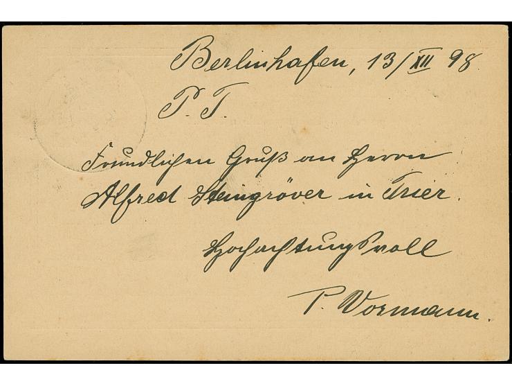 “DSP NEU-GUINEA ZWEIGLINIE *b 2.1.99” (Dampfer Stettin) recht klar auf Aufdruck-Ganzsachenkarte 10 Pfg. mit Text mit Datierun