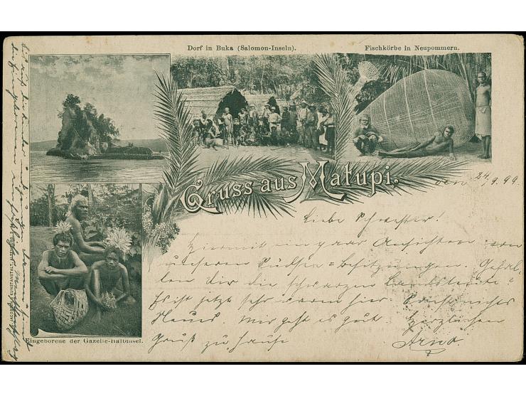 “DSP NEU-GUINEA-ZWEIGLINIE *b 12.10.99” (Dampfer Stettin) recht klar auf Ausgabe 1897 5 Pfg. auf Ansichtskarte “Gruss aus Mat