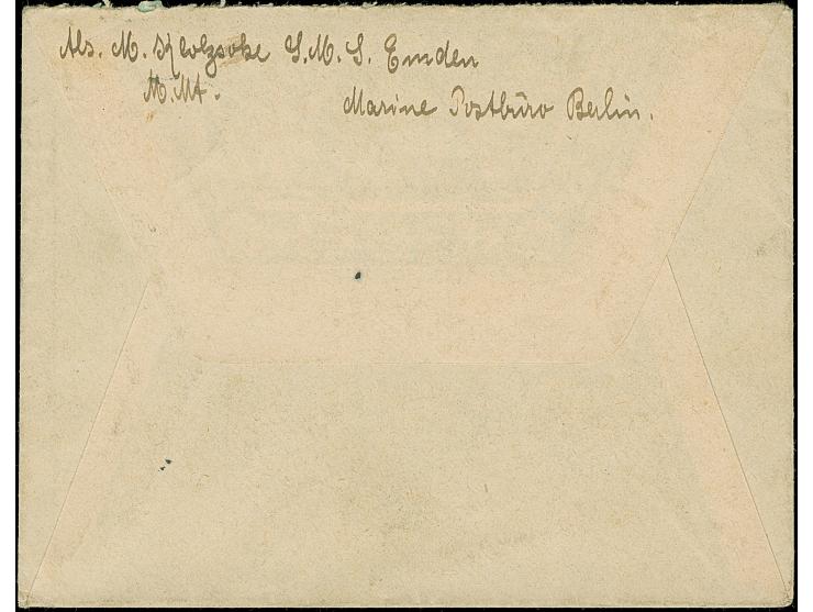 “MSP No. 28. 13.2.11” (SMS Emden) mehrfach auf Deutsches Reich Germania 5 Pfg. im senkrechten Paar auf Briefkuvert mit rückse