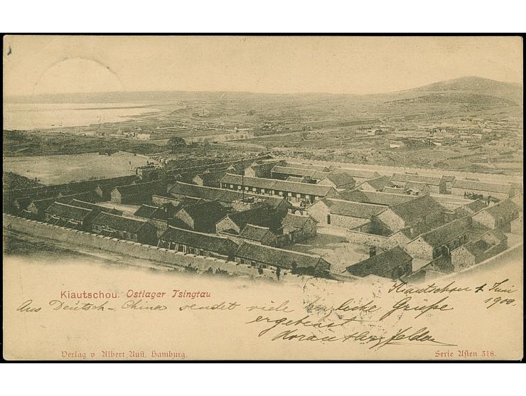 1900, 5 Pfg. auf 10 Pfg. Steilaufdruck, zwei Einzelmarken mit Stempel “TSINGTAU KIAUTSCHOU *a 30.5.00” als tarifgerechte Mehr