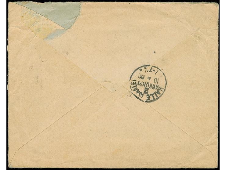 1900, Steilaufdruck 5 Pfg., zwei senkrechte Paar mit Stempel “SAIPAN MARIANEN 12.9.00” als tarifgerechte Mehrfachfrankatur au