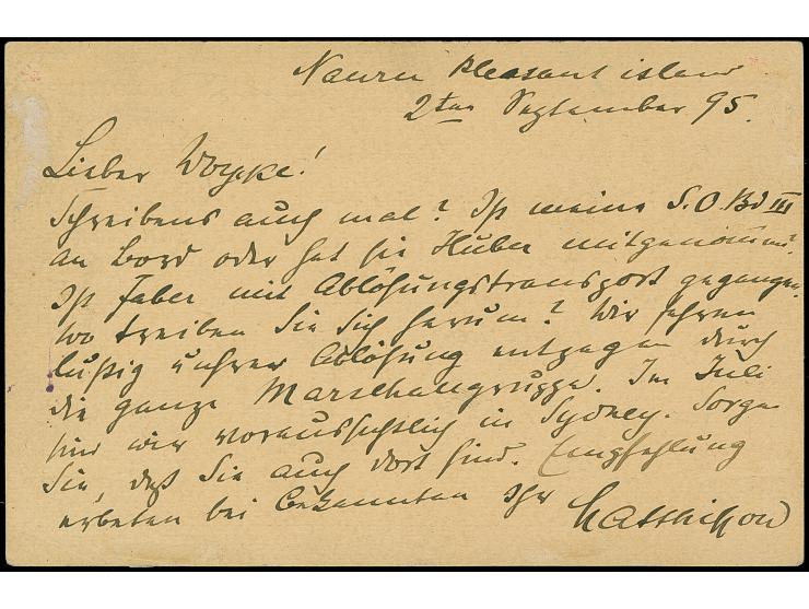 “JALUIT MARSCHALL-INSELN 7.10.95” in Rotviolett recht klar auf Ganzsachenkarte Krone/Adler 10 Pfg. mit viel Text und Datierun