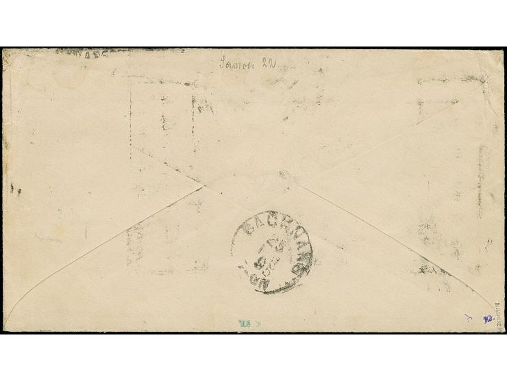 1890, Krone/Adler 20 Pfg. mittelultramarin mit Rahmenstempel “BEZAHLT Kaiserl. Deutsche Postagentur Apia-24-4-1895” auf Brief