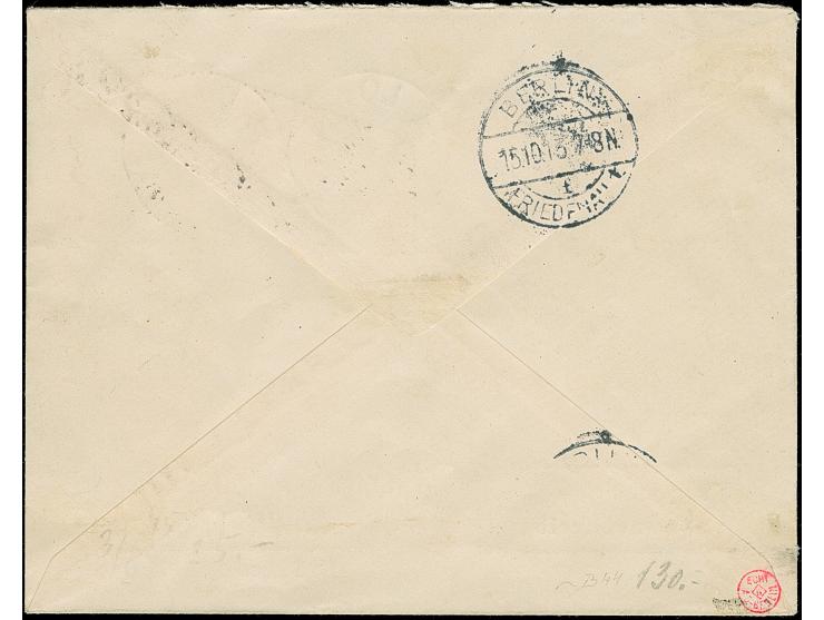 1900/19, Kaiseryacht 5 Mark mit rechtem Rand und Stempel “LOME TOGOGEBIET 27.9.13” auf überfrankiertem R-Brief nach Berlin-Fr