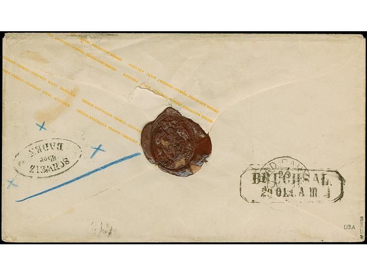 Umschlag 3 Kr. rosa mit nebengesetztem schweizer EKr. "BASEL BAD. BAHNHOF 20 O CT 63", nach Bruchsal, mit rückseitigem "SCHWE