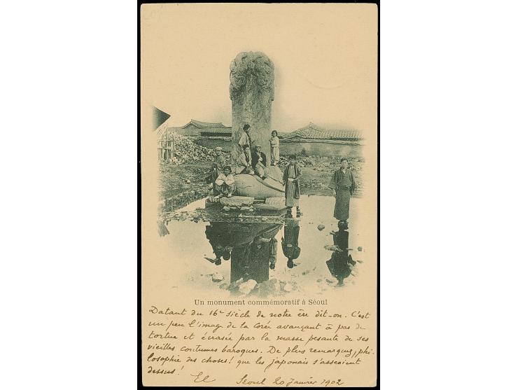 1900, Plum Blossoms 1 ch., horizontal pair of fresh colours, neatly tied by cds. “SEOUL 20 JANV 02 COREE” to illustrated post