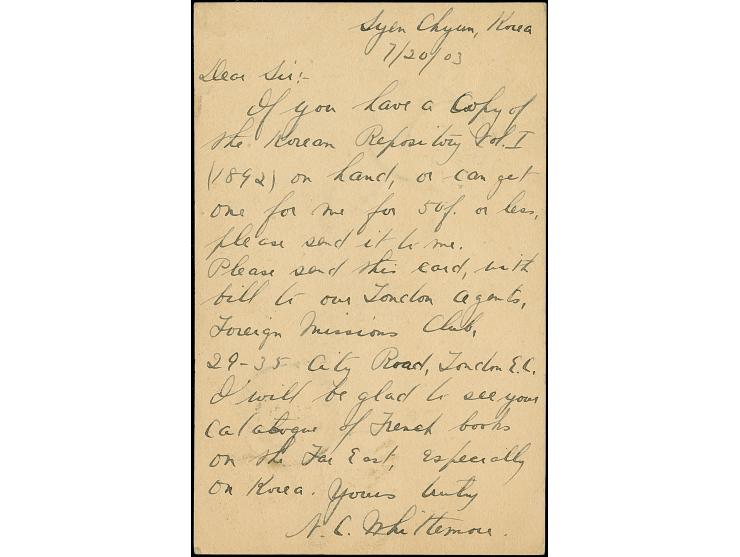 1901, UPU postal stationery card 4 ch. used from “Syen Chyun” with transit cds. “CHEMULPO 31 JUIL 03” to Paris, fine (Higgins