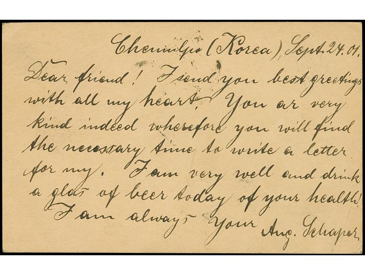 1901, UPU postal stationery card 4 ch. used with cds “CHEMULPO 28 SEPT 01” repeated alongside via Shanghai to Braunschweig wi