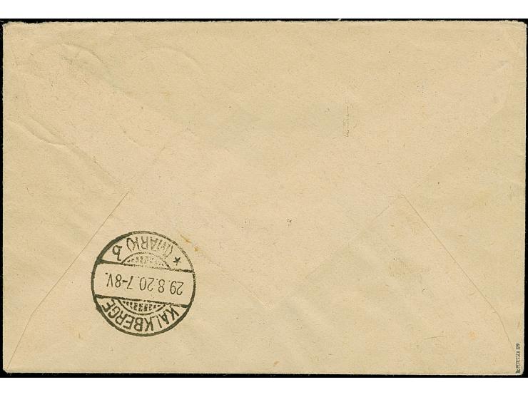 “SOKAITEN (Kr. RAGNIT) 25.8.20” zweimal klar auf Germania-Aufdruckausgabe 1920 20 und 75 Pfg. auf etwas überfrankiertem R-Bri