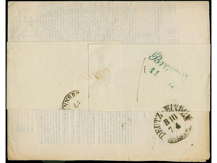 1852, blue fiscal handstamps “TE ZEGELEN” and “NOORD HOLLAND 1 C.” on a complete printed matter and its wrapper, dated inside