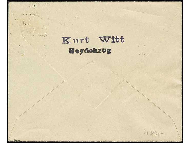 1920, 50 pf auf 35 C. (dunkel)rotviolett im waagerechten Paar mit Stempel “HEYDEKRUG **b 25.10.20” auf etwas überfrankiertem 