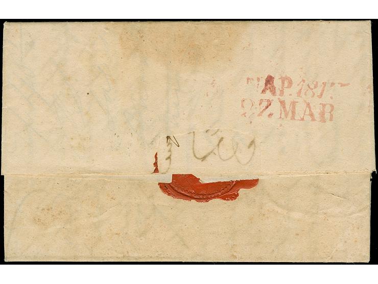 1817, entire letter from “LIVORNO” via Otranto to Corfu, taxed in transit in Neapel “10” Grana with reverse red “NAP(OLI) 27 
