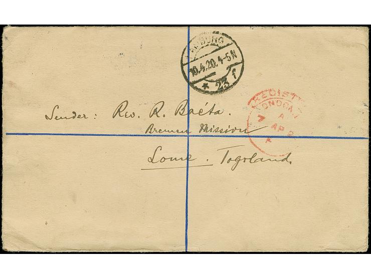 1917, large format registered stationery letter with overprinted 1 d. with London printing &nbsp;½ d. two singles, each tied 