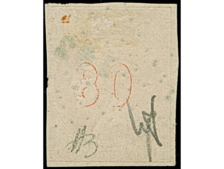 BUCAREST: "102" in blue, clear on 1861, 80 l. rose. Extremely rare; PROFI has not recorded another example