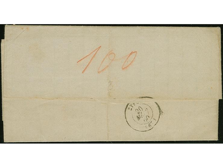 "IBRAILA (BΛAXIA) 12 MAPT.60" clear c.d.s. in blue on entire letter with adjacent "P.E.D." to Syra, taxed on reverse with "10
