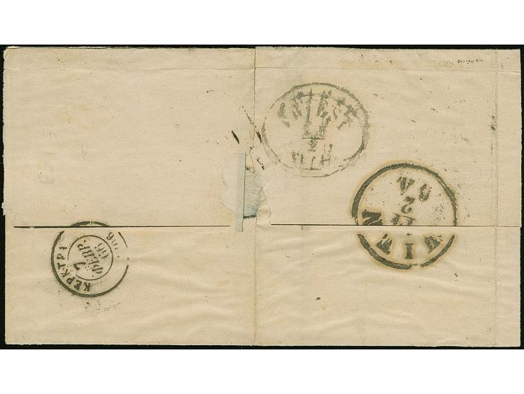 1866, unpaid lettersheet from "GALATZ 9/2" (beneath Greek stamps) to Corfu with transit marks of Vienna and Triest on reverse
