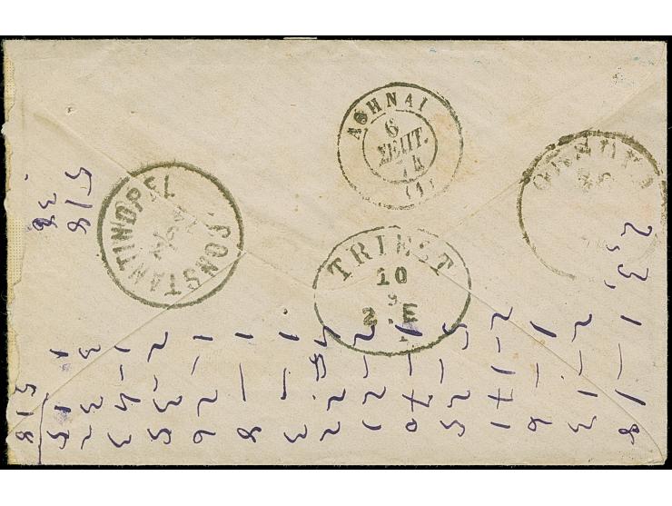 1874, cover with blue c.d.s. "CALAFAT 27 AUG 74", via Orsova and Triest to Athens, here franked with 1872/76, 40 l. in horizo