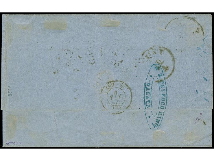 1861, entire letter with blue c.d.s. "GALATZ.." (beneath Greek stamps), via Triest to Athens, here franked with 1861, First A
