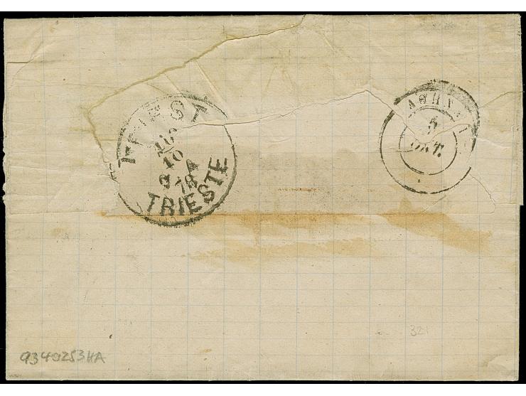 1876, unpaid entire letter from Galatz via Triest &nbsp;to Athens, with circular "T" and Greek black handstamp "60", paid wit