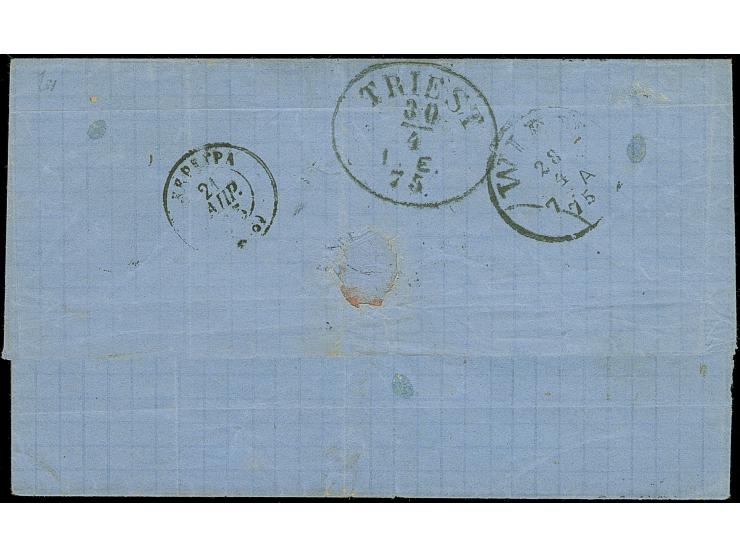 1875, unpaid letter sheet from "GALATZI 20 APR" via Vienna and Triest to Corfu, taxed "100" lepta and paid with postage due 1