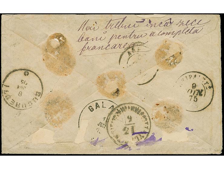 1872, Paris print 10 b. blue, 15 b. deep brown and 25 b. yellowish bistre (2), tied to envelope from "BACAU 7 JUN 75", endors