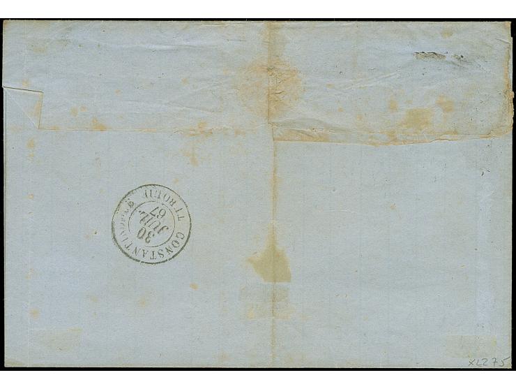 GALATZ: "5085", GC in blue, clear on horizontal pair and 2 singles Napoleon perforated 10 c. bistre, on letter sheet with adj