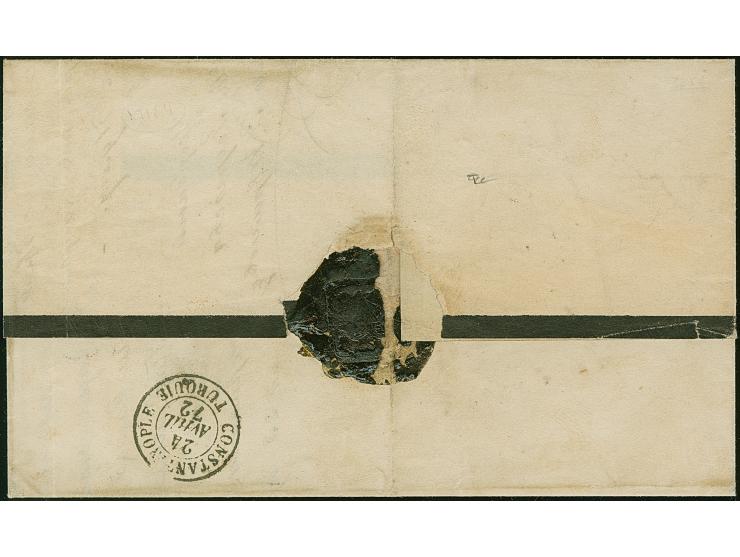 "GALATZ MOLDAVIE 20 AVRIL 72", blue dotted c.d.s. on unpaid lettersheet to Constantinopel