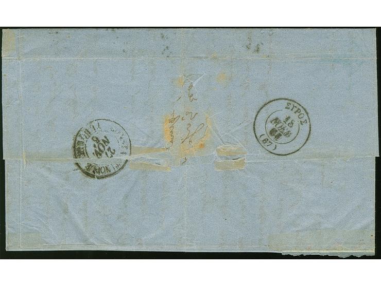 "GALATZ MOLDAVIE .. NOV 61", blue dotted c.d.s. on entire letter to Syros, charged with 80 lepta, paid by 1861, Paris printin