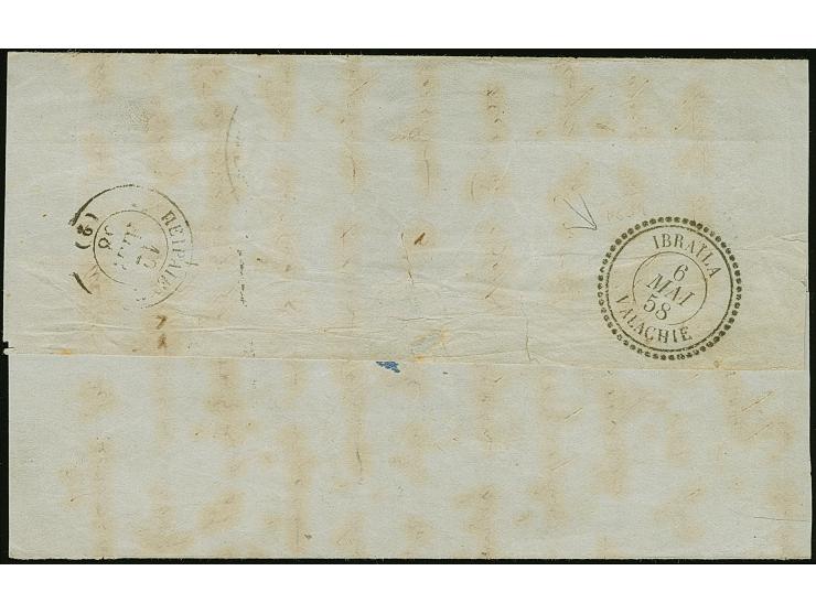 "IBRAILA VALACHIE 6 MAI 58", dotted c.d.s. in black, as arrival mark on lettersheet (two side flaps missing) from Athens, end