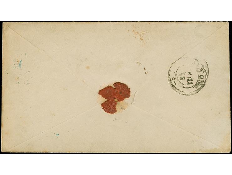 “BERLIN ** 7.11.66” (Spalink 1N1b) mehrfach in blau auf Preussen Wappen 2 und 3 Sgr. als tarifgerechte Frankatur auf R-Briefk