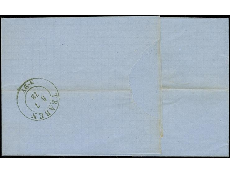 “COELN** 4.7.72” (Spalink 4-1N1) sehr klar auf großer Schild 1 Gr. karmin auf Faltbriefhülle nach Traben mit Ankunftsstempel.