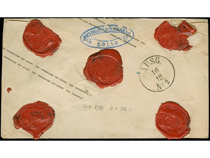 “COELN** 15.12.65” (Spalink 4-2) mehrfach auf Ganzsachenumschlag 2 Sgr. mit Zufrankatur Wappen 6 Pfg. orange als Wertbrief na