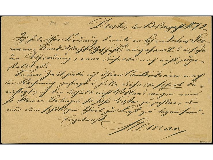 “COELN 13.8.72” (Spalink 4-7) sehr klar auf kleiner Schild ½ Gr. orange auf amtlichem Postkarten-Formular nach Hannover mit A