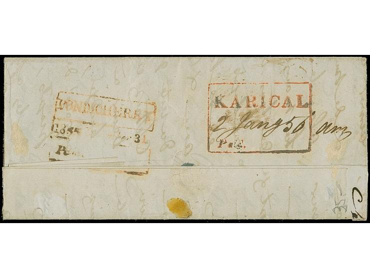 1854, Lithographs, ½ a. blue, die I, good to large margins, used with diamond of dots to letter from Pondicherry to Karical

