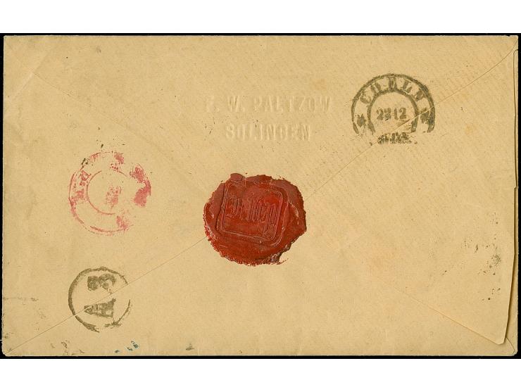 “COELN** 22.12.” (Spalink 4-15) klar als Ankunftsstempel rückseitig auf Paketbegleitbrief mit zwei Einzelmarken 1 Gr. gezähnt