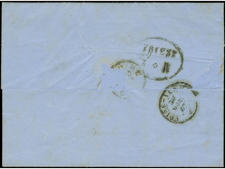 1863/64, Wappenausgabe 3 Kr. grün (2) und 5 Kr. rosa (2), farbfrisch, geklebt als sogenannte italienische patriotische Franka