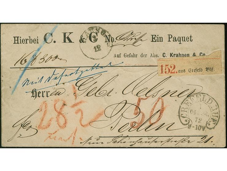 “CREFELD BHF. 1.DECBR. 72” (Spalink 6-8) mehrfach klar auf kleiner Schild 1 Gr. und 5 Gr. sowie großer Schild 2½ lilabraun in