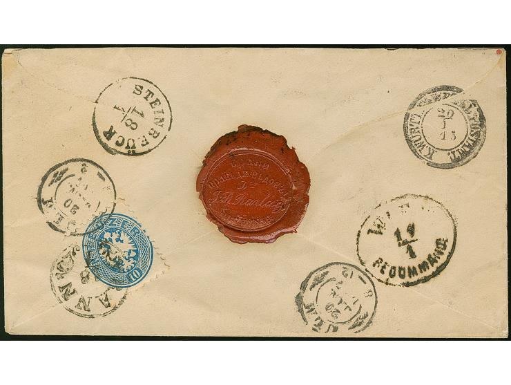 10 Kr. blau, zwei Einzelwerte, beide farbfrisch und gut gezähnt, als Zufrankatur auf Ganzsachenumschlag 5 Kr. rosa als rekomm