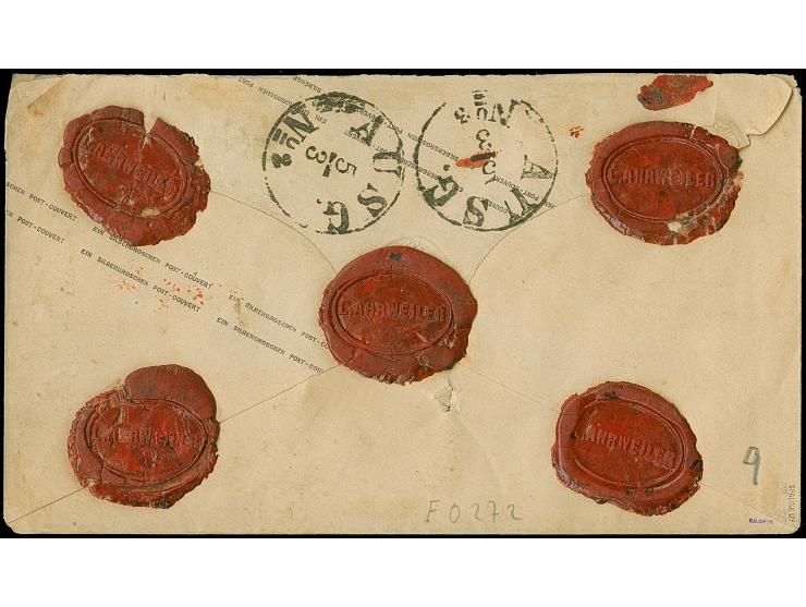 “DÜSSELDORF 4.MÄRZ.67” (Spalink 11-5) mehrfach klar auf Preußen Ganzsachenumschlag 1 Sgr. mit Zufrankatur 6 Pfg. orange als W