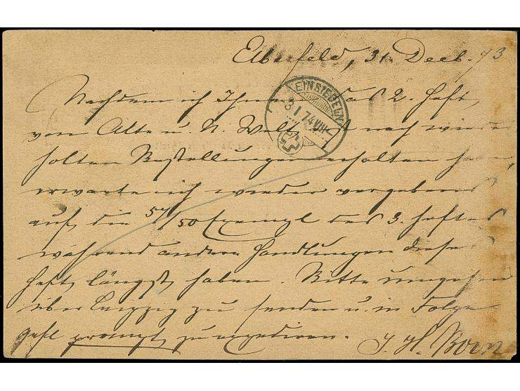 “ELBERFELD 31.DECBR.73” (Spalink 12-1) auf Ganzsachenkarte ½ Gr. mit nachgeklebter großer Schild ½ Gr. orange mit Stempel “EL