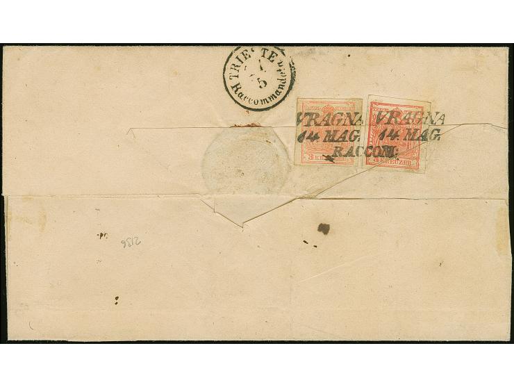 “VRAGNA 14 MAG.”, sauber und übergehend auf 3 Kr. rot auf Handpapier, allseits breitrandig, mit zusätzlichem “RACCOM:” auf ei
